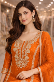 Burnt Orange Chinon Embroidered Straight Suit Set with Dupatta